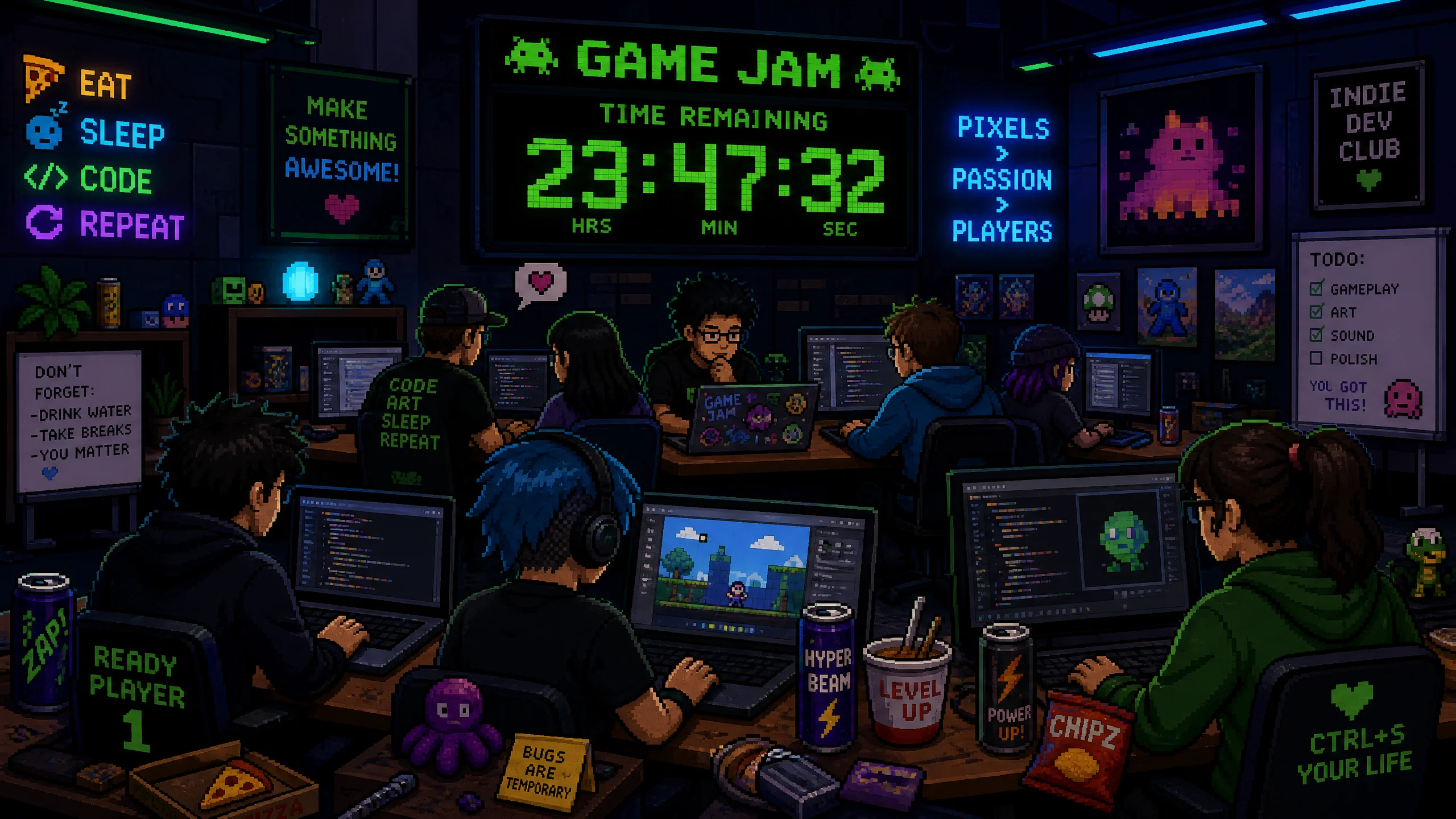 GameJam线下活动现场，开发者们在霓虹灯光下‌协作编程